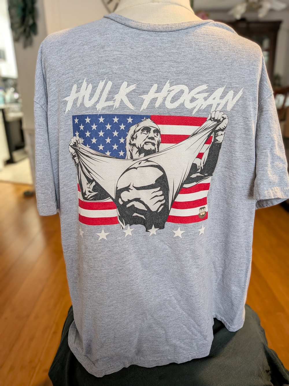Ripple Junction Hulk Hogan Graphic Tee in Heather Gray with Red & Blue Flag